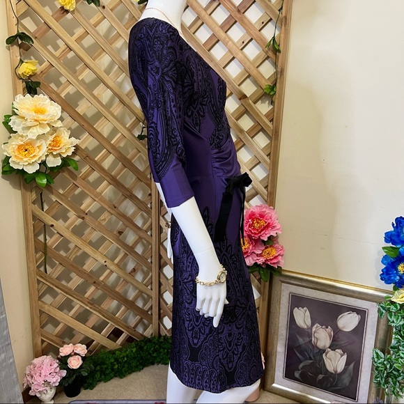 Charlie Brown V-Neck Midi 3/4 Sleeves Dress Midnight Blue Violet w Black Pattern - Picture 10 of 14